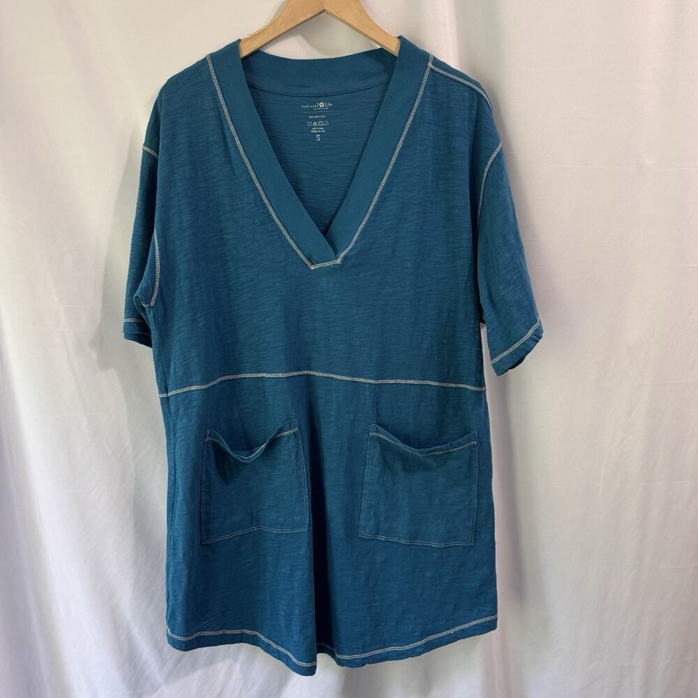 Natural Life Tunic Top Small Blue Jersey Knit Pockets 100% Cotton V-Neck Boho